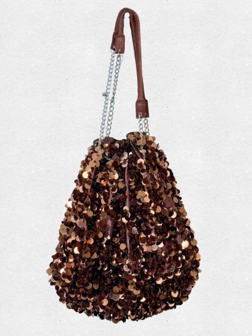 Y2K Slouchy Brown Shoulder Bucket Bag Bronze Sequin Purse Chain Strap